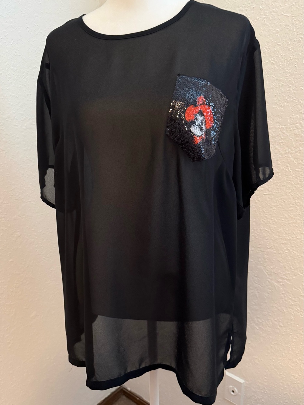 Oklahoma State University Black Sheer Short Sleeve Blouse with Sequin Pocket